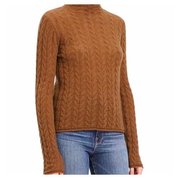 Theory Cable-Knit Mock Neck 100% Cashmere Sweater Size Medium Camel Tan Preppy - Picture 7 of 12